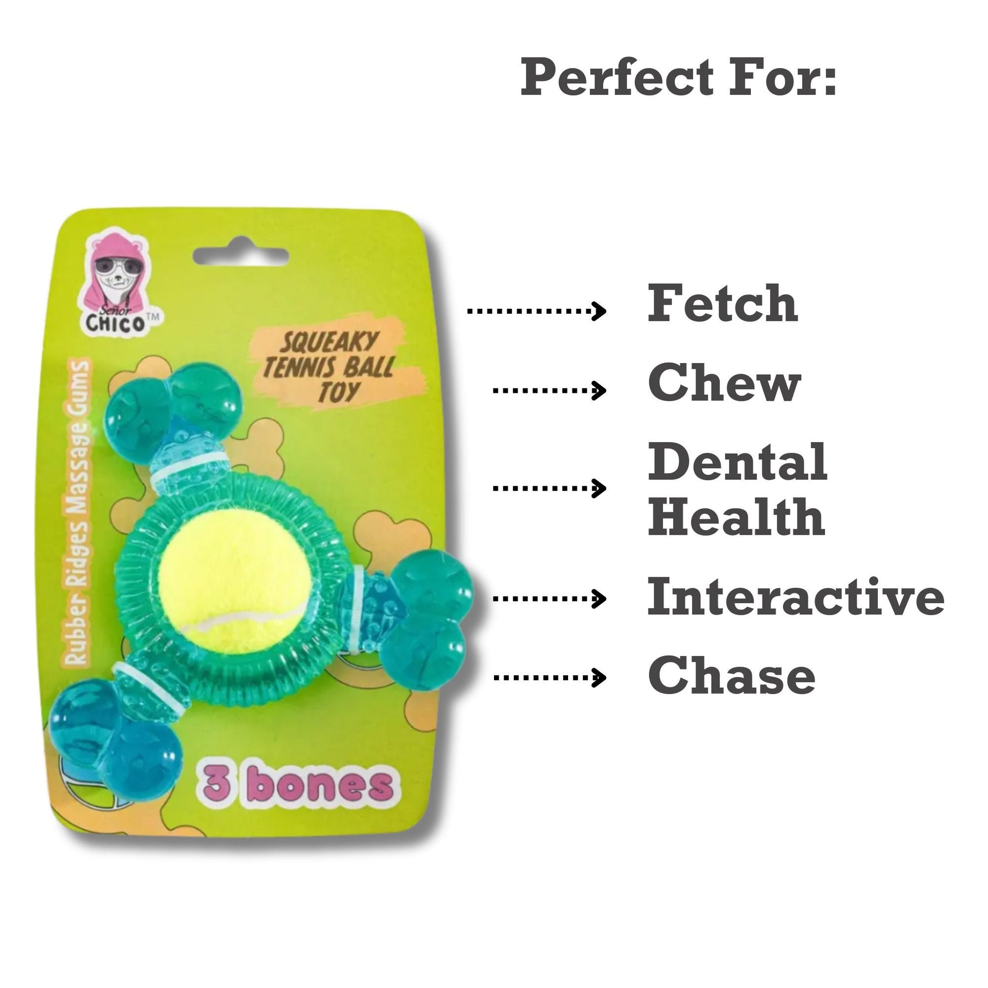 TPR tennis ball dog chew toy with squeaker and tennis ball for fetch and dental health
