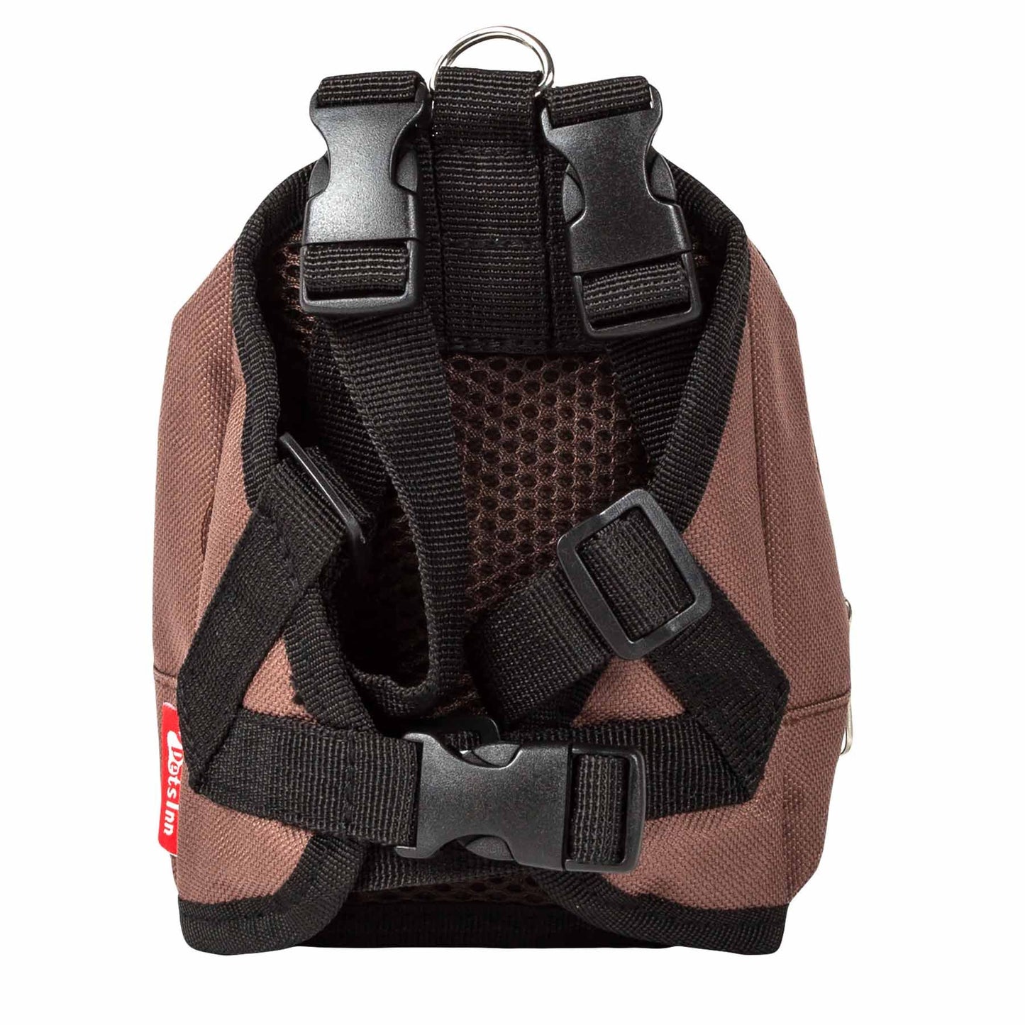Brown dog harness backpack with pockets featuring adjustable black straps and secure buckles