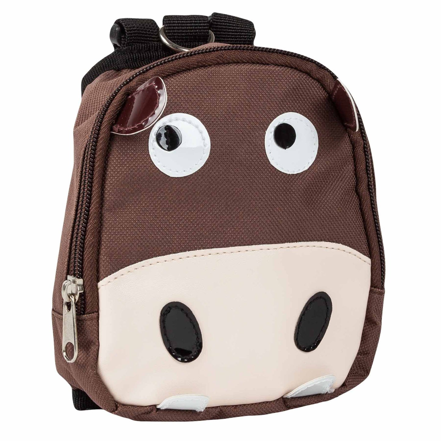 Brown dog harness backpack with pockets designed like a cow face with zipper compartment