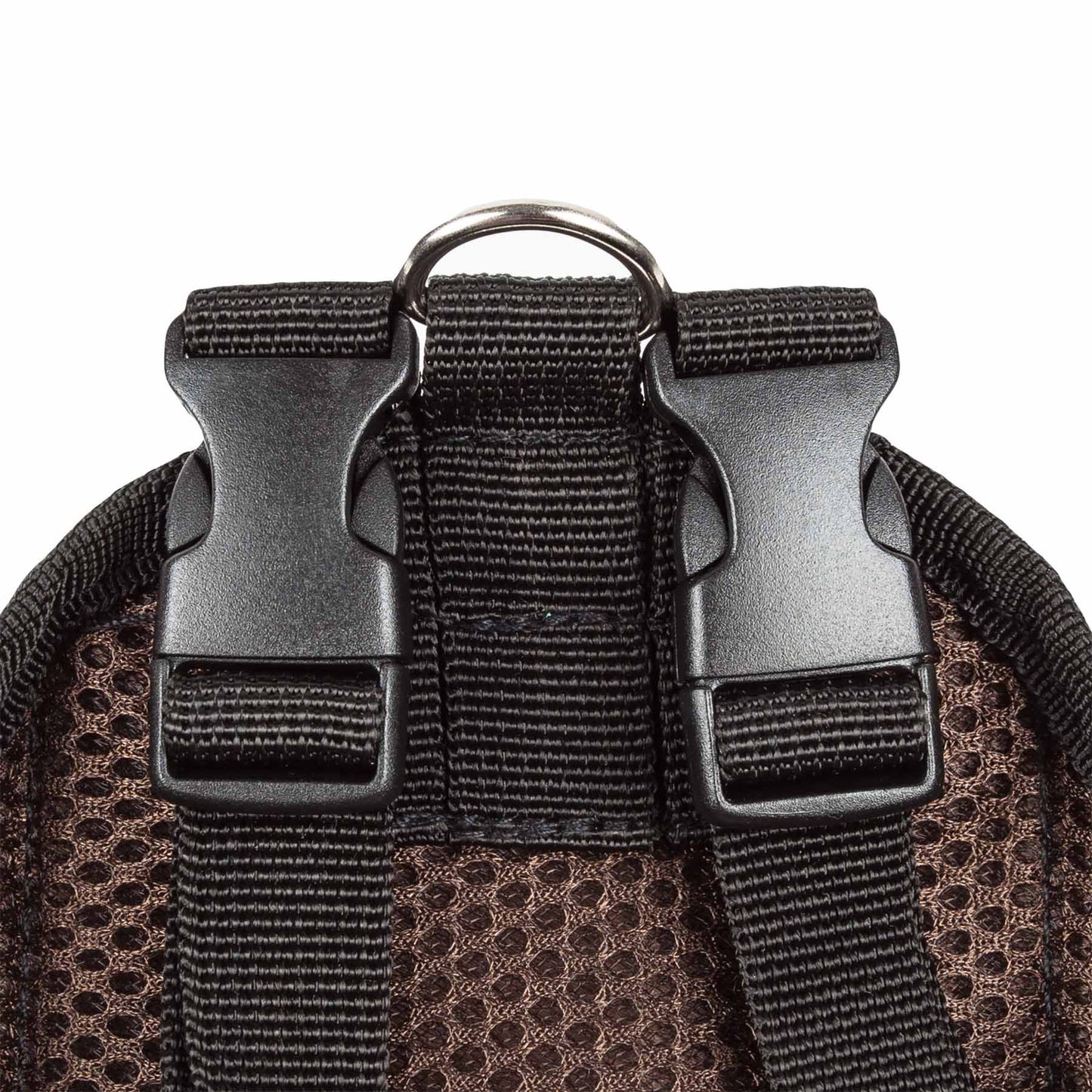 Close-up of black straps and buckle detail on dog harness backpack with pockets by PawCounter.com