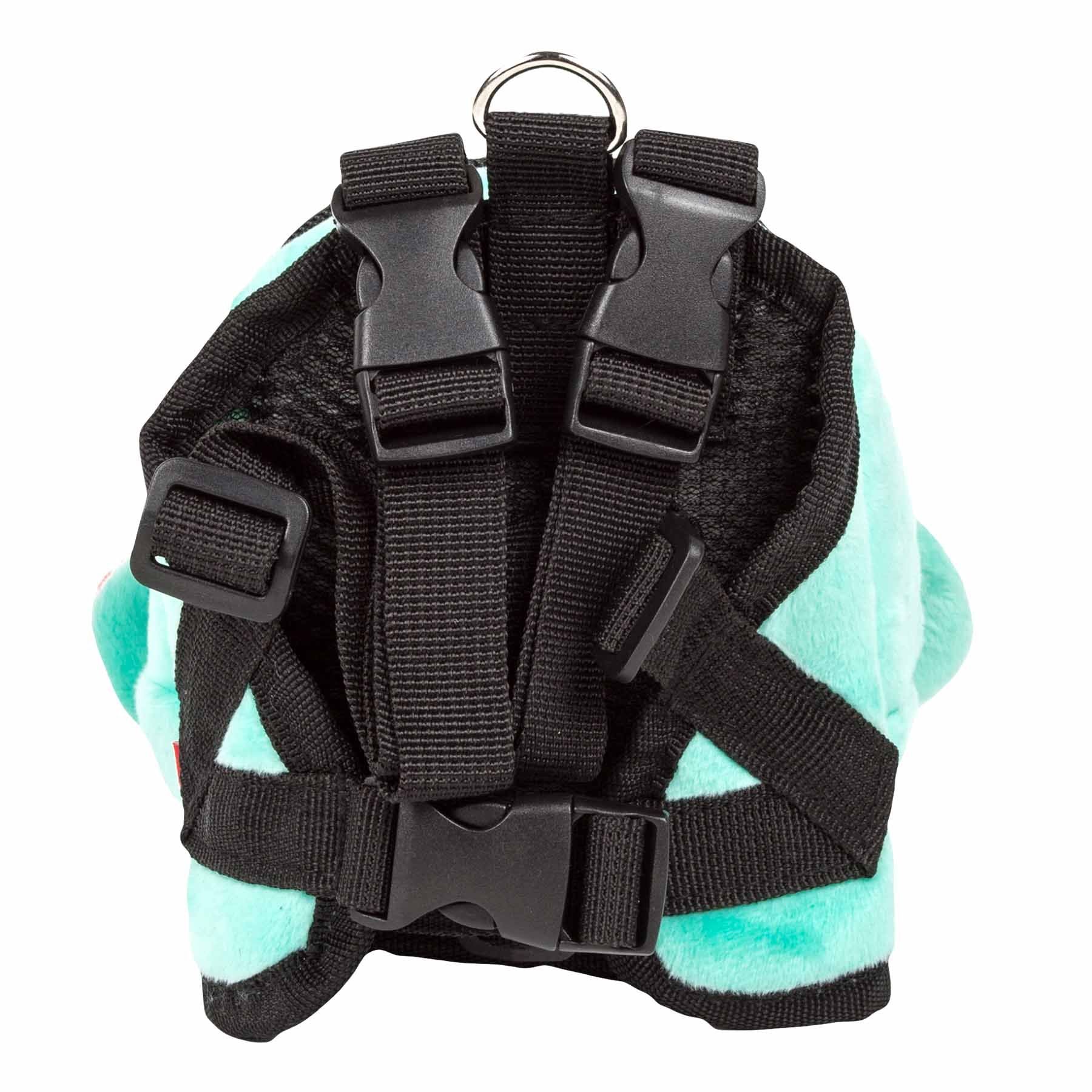 Blue and black dog harness backpack with pockets featuring adjustable straps and plastic buckles
