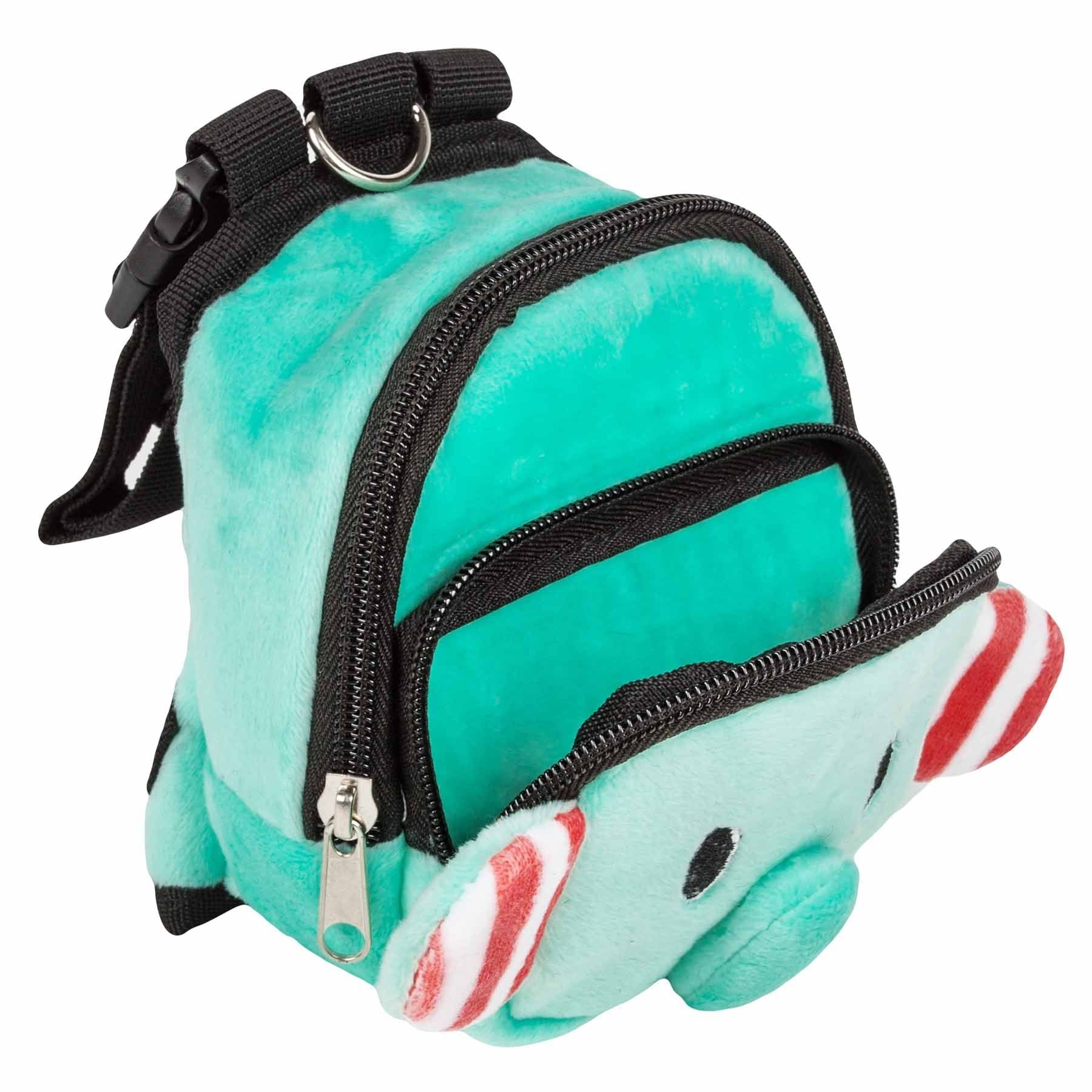 Turquoise dog harness backpack with pockets featuring plush design and secure straps