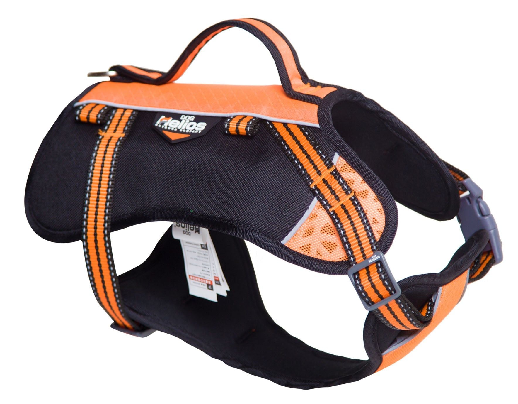 Orange and black 3-in-1 dog harness backpack with adjustable straps and padded handle
