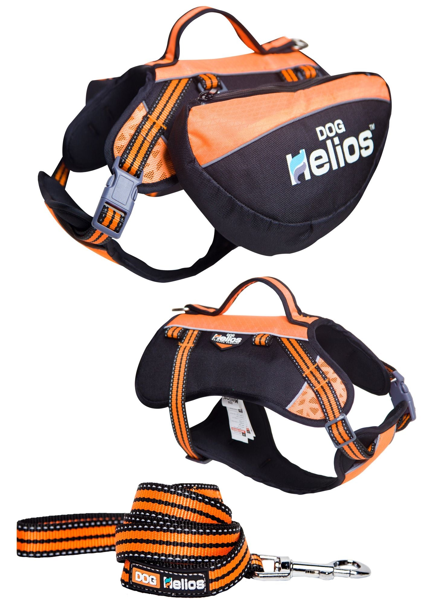 Orange and black 3-in-1 dog harness backpack with adjustable straps and matching leash.