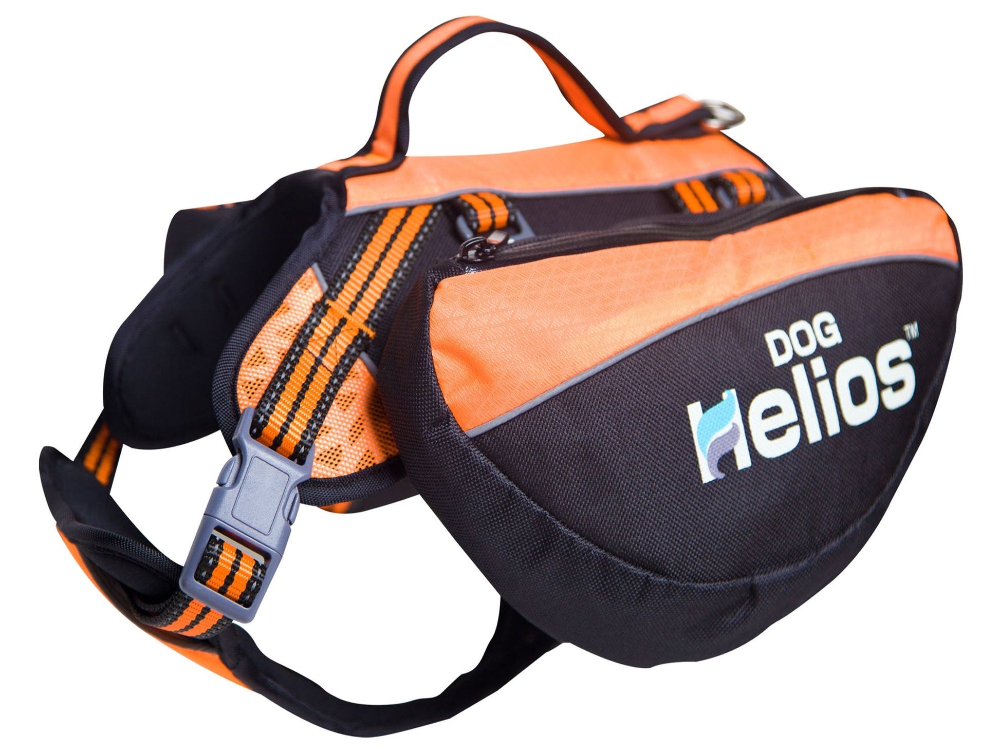 Orange and black 3-in-1 dog harness backpack from PawCounter.com with adjustable straps and storage compartments