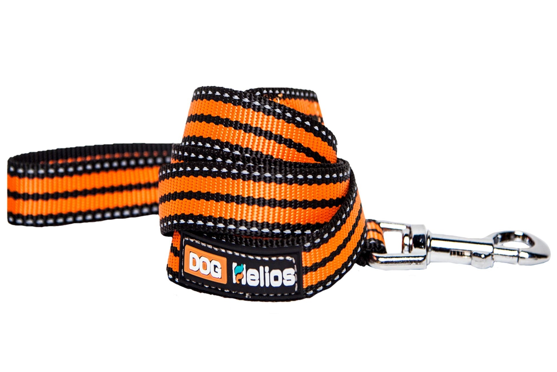 Orange and black striped dog leash with metal clip for securing 3-in-1 dog harness backpack