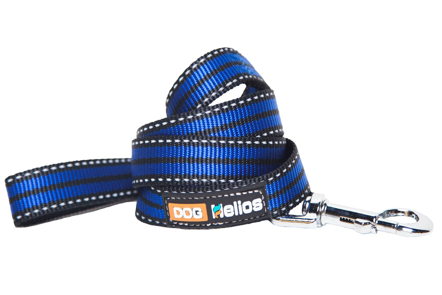 Blue and black striped dog chest compression harness leash with metal clasp from PawCounter.com