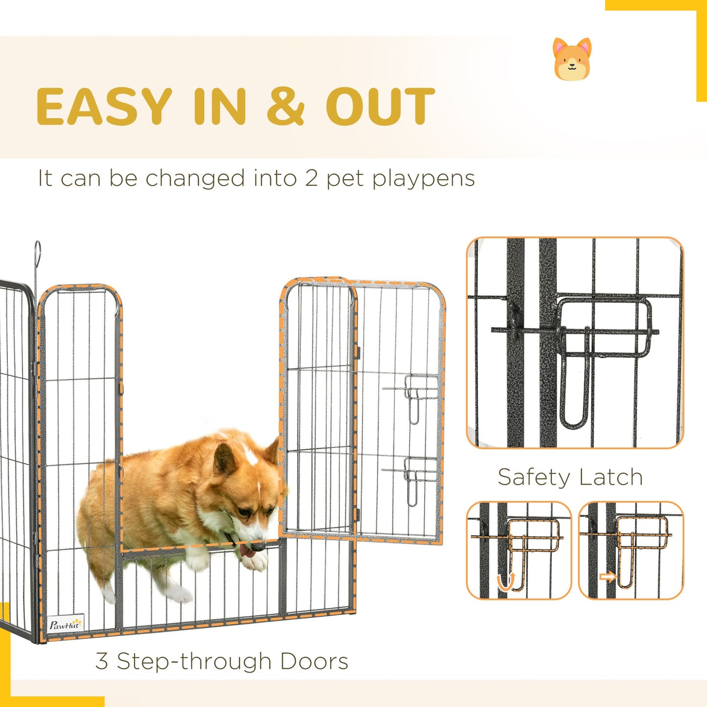 Dog playpen for small and medium dogs with three step-through doors and safety latch for easy access