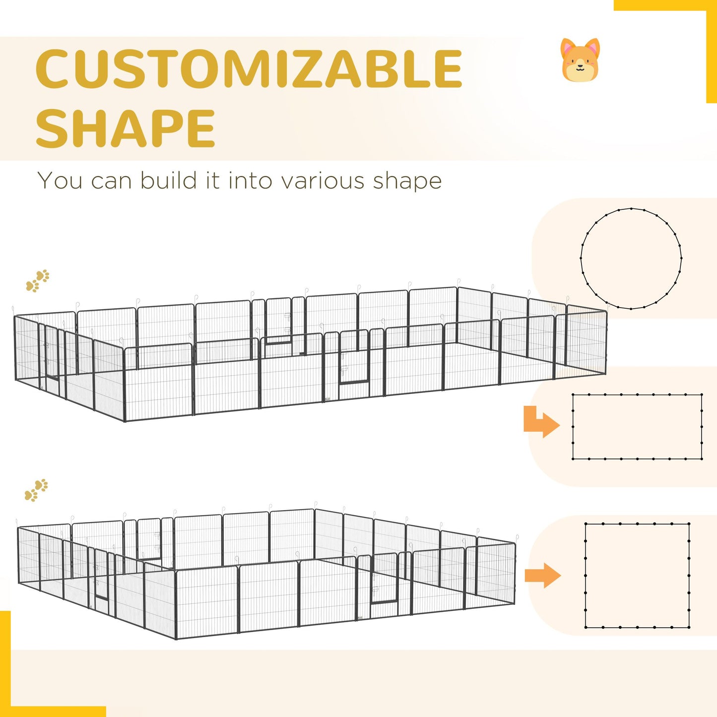 Customizable dog playpen for small and medium dogs with multiple shape options including round and rectangular