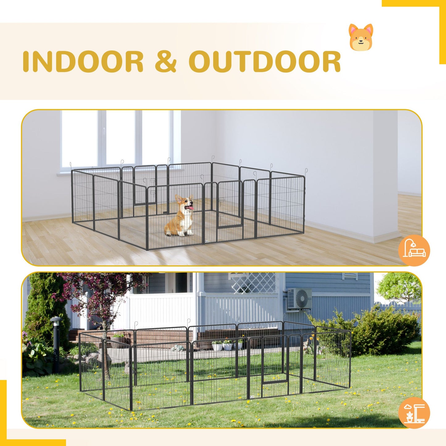 Dog playpen for small and medium dogs set up indoors on wooden floor and outdoors on grass