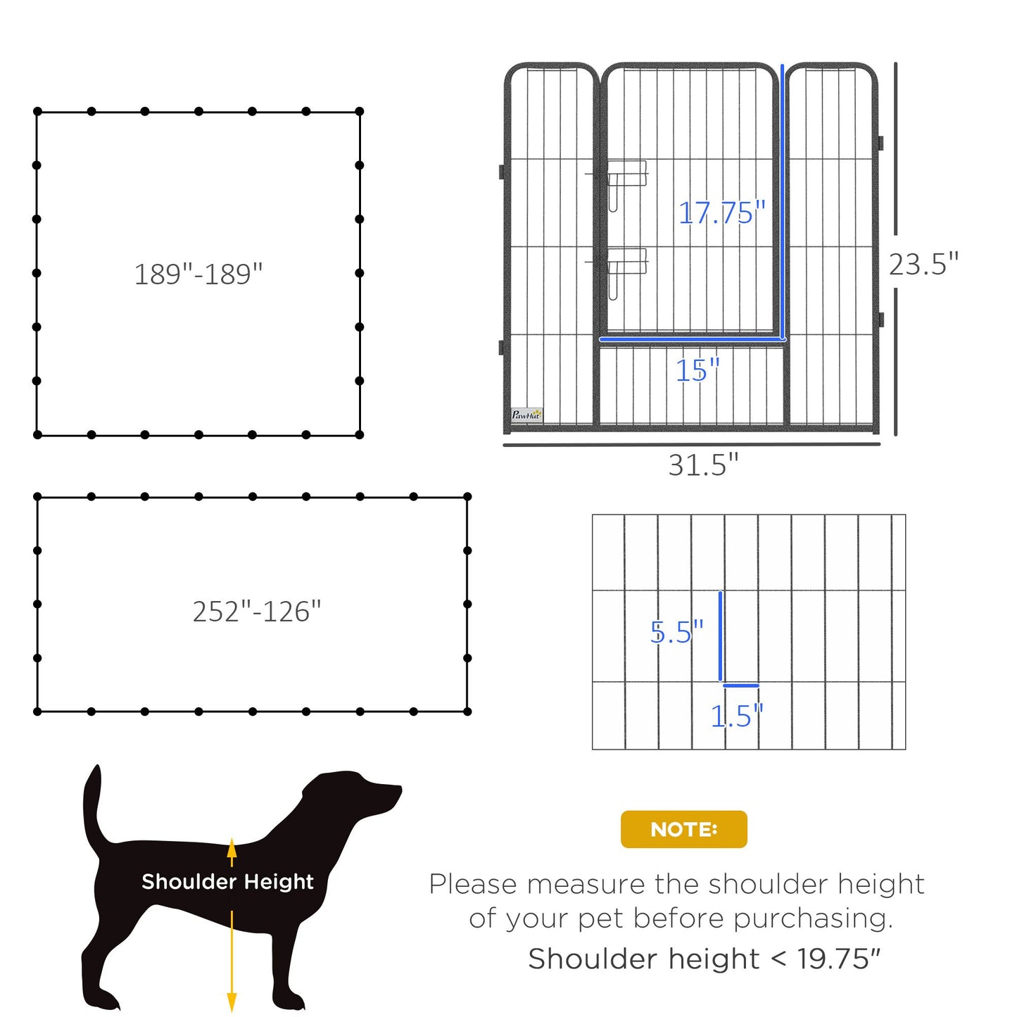Diagram showing measurements and shoulder height guide for dog playpen for small and medium dogs