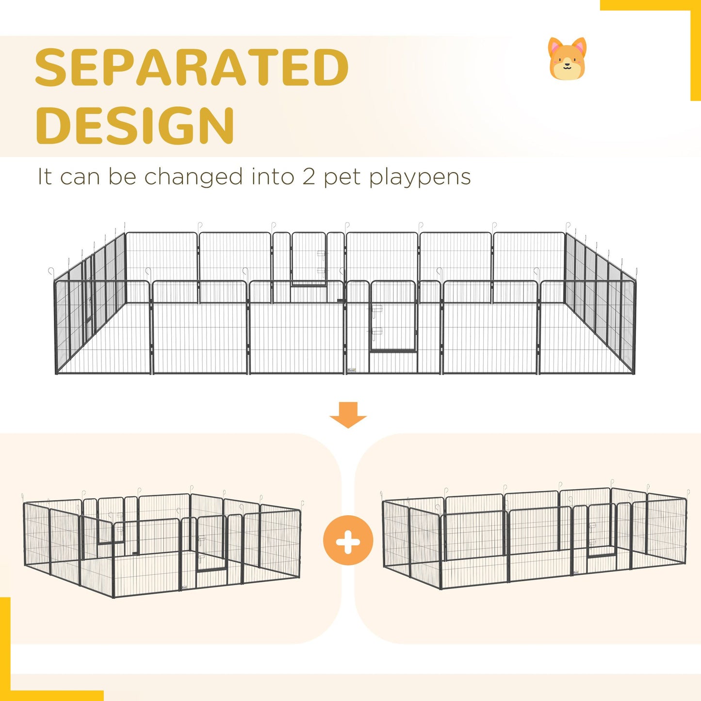 Black metal dog playpen for small and medium dogs with separated design that converts into two playpens