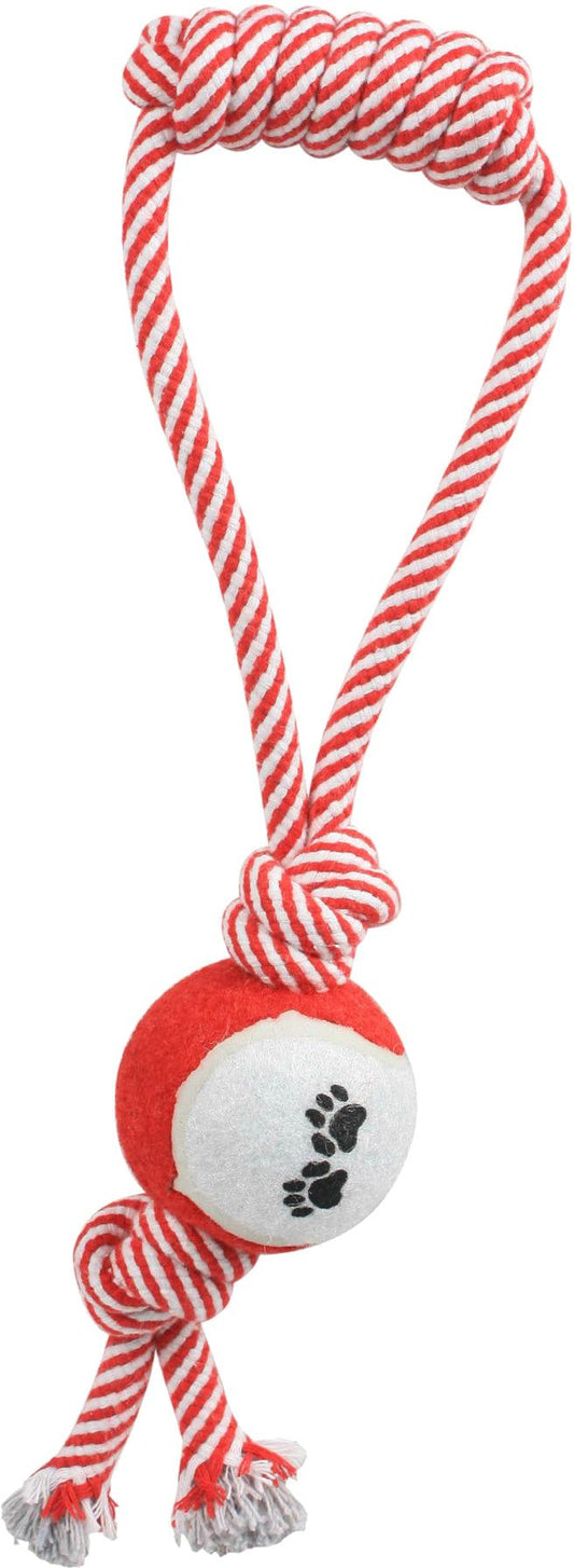 Red and white dog rope and tennis ball toy with paw print for interactive pet play
