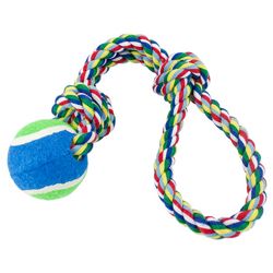 Colorful dog rope toy with tennis ball for interactive pet play and chewing