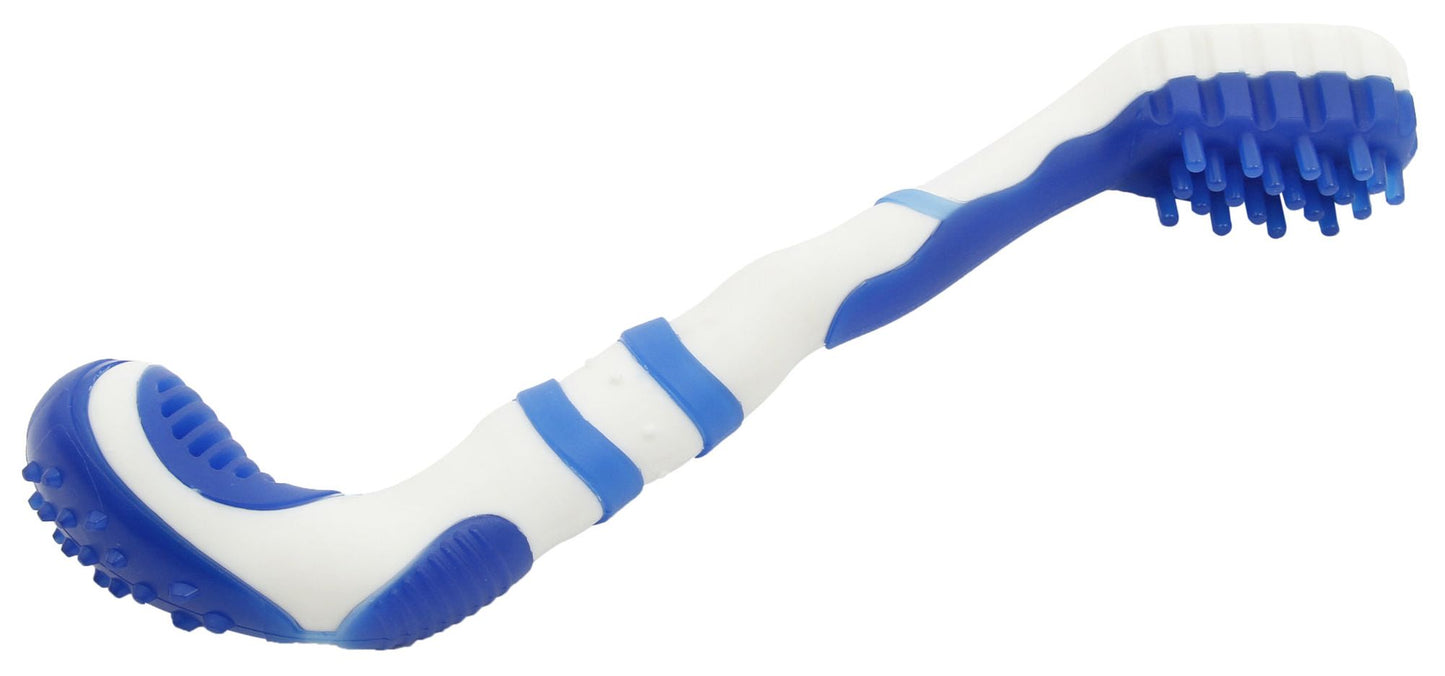 Blue and white dog toothbrush toy designed for cleaning teeth while playing
