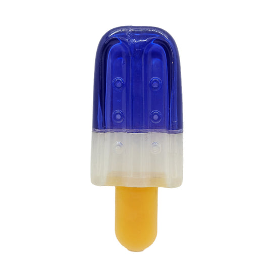 Freezable popsicle dog toy in blue and yellow for cooling playtime on hot days