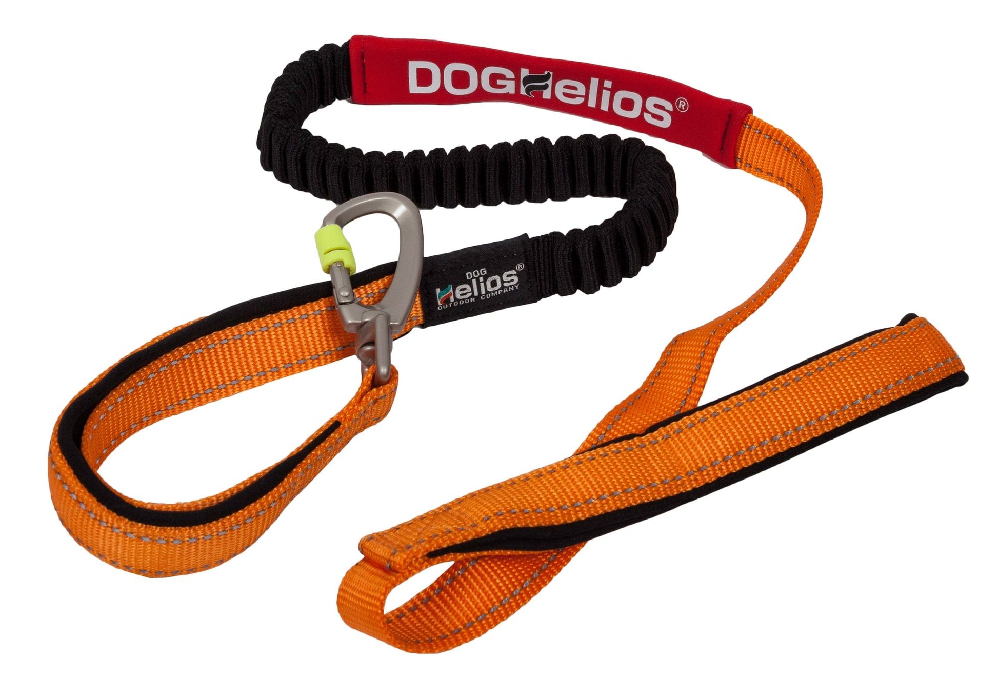 Durable pet leash for active dogs in orange with black bungee section and metal carabiner clip