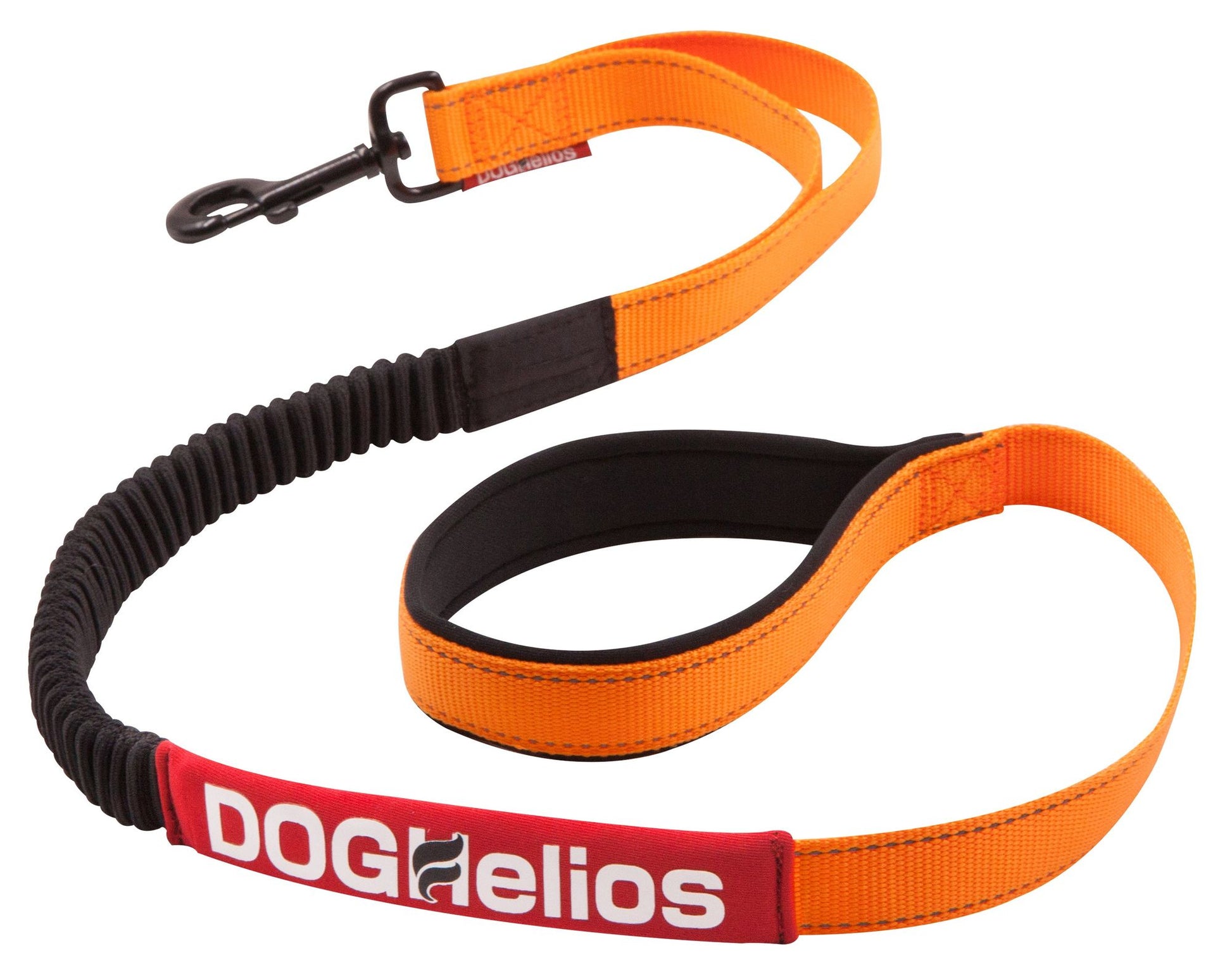Durable pet leash for active dogs in bright orange with padded handle and shock-absorbing bungee section