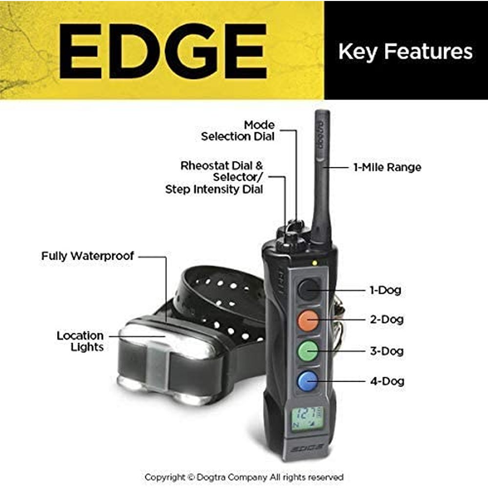 Dogtra Edge dog training collars with remote control showing 1 mile remote dog trainer range and key features