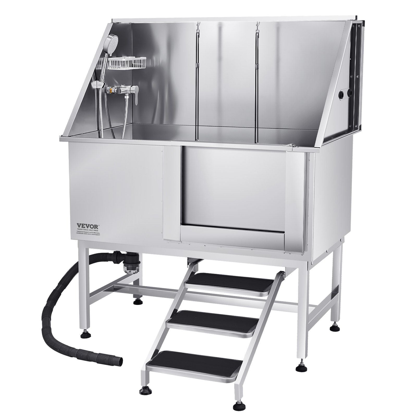 Stainless steel dog grooming tub with adjustable showerhead and easy access steps for pet grooming