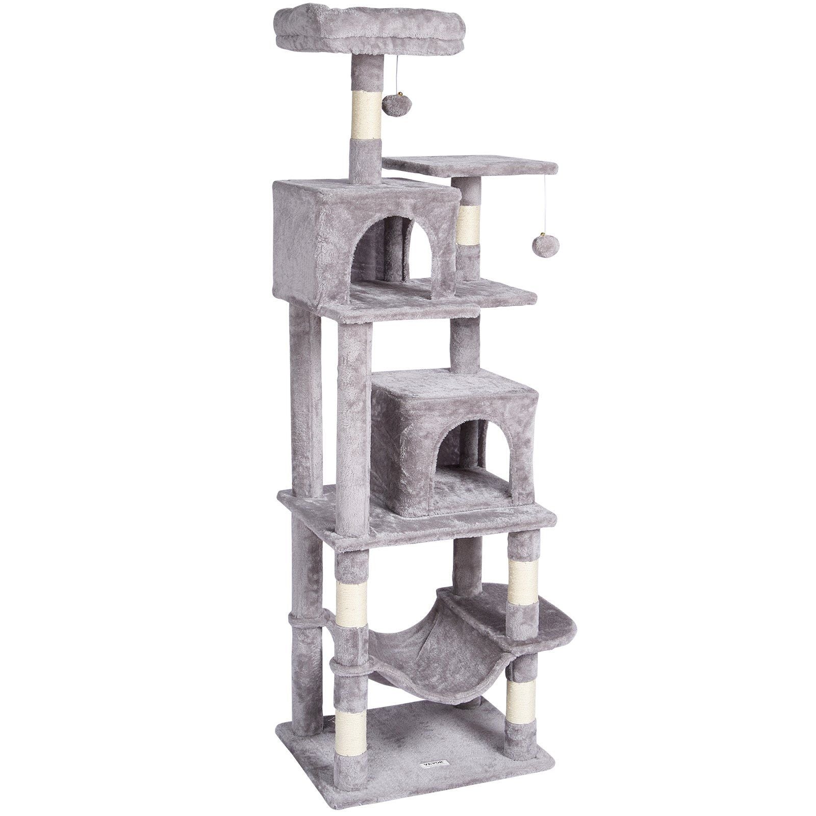 Gray cat tree with condos and scratching posts for playful cats and cozy lounging