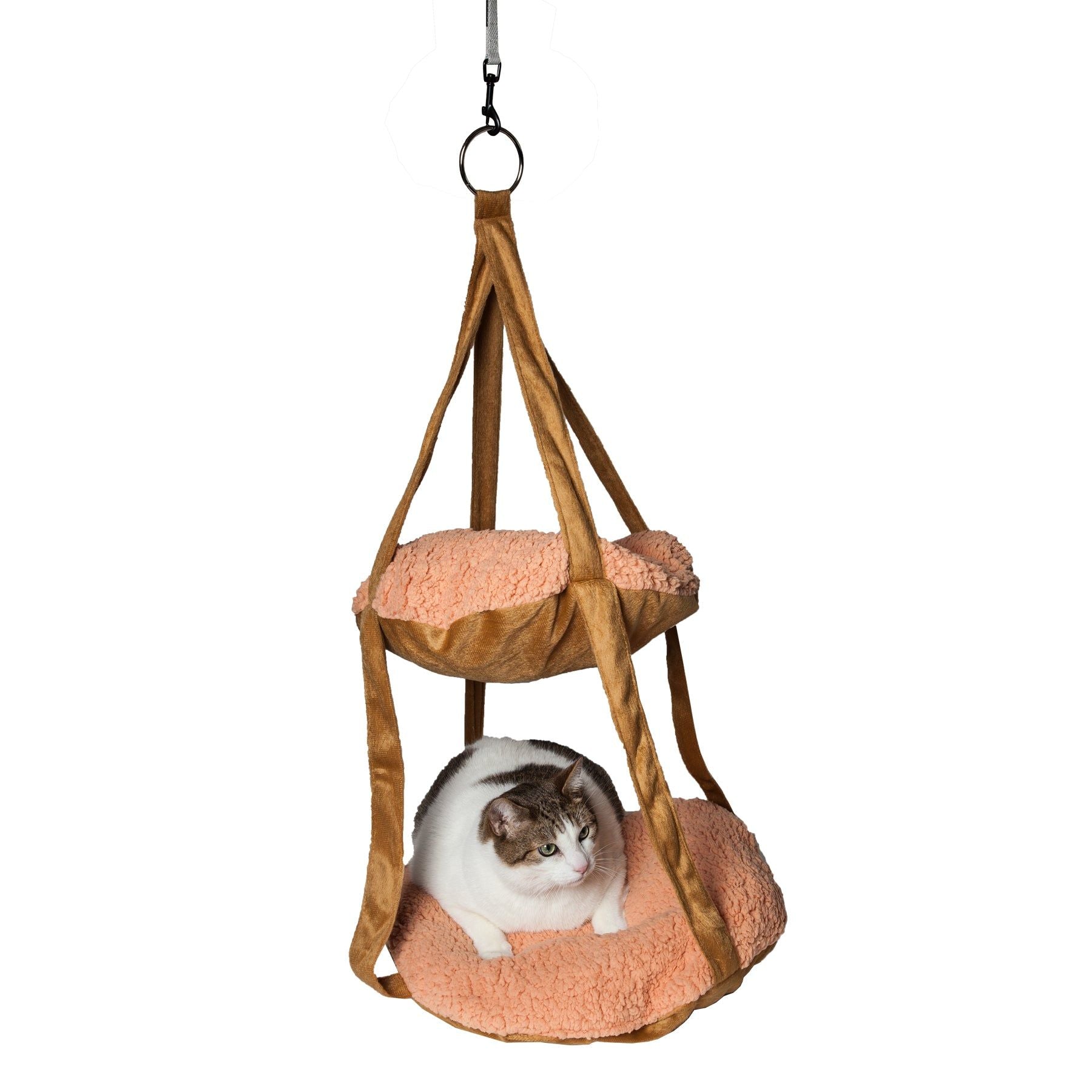 Brown and peach dual-lounger cat hammock with a white and gray cat resting on the bottom bed