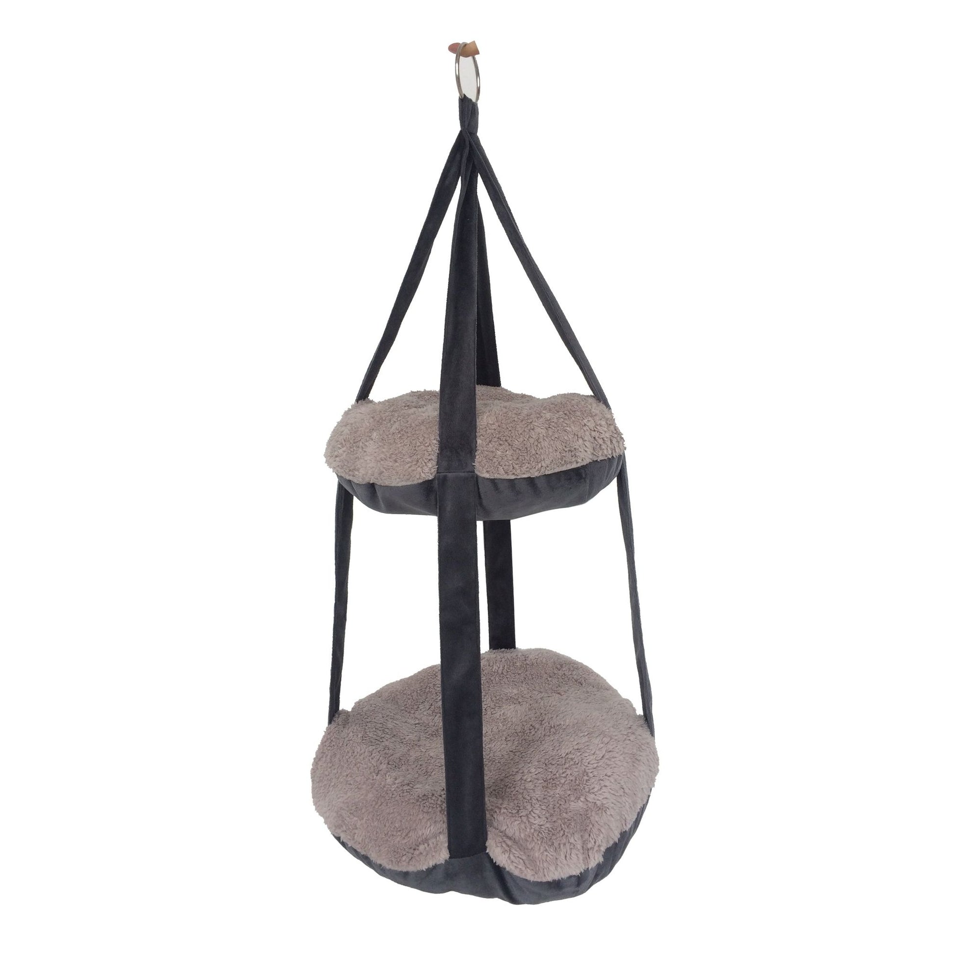 Gray and black dual-lounger cat hammock with two soft circular cushions hanging vertically