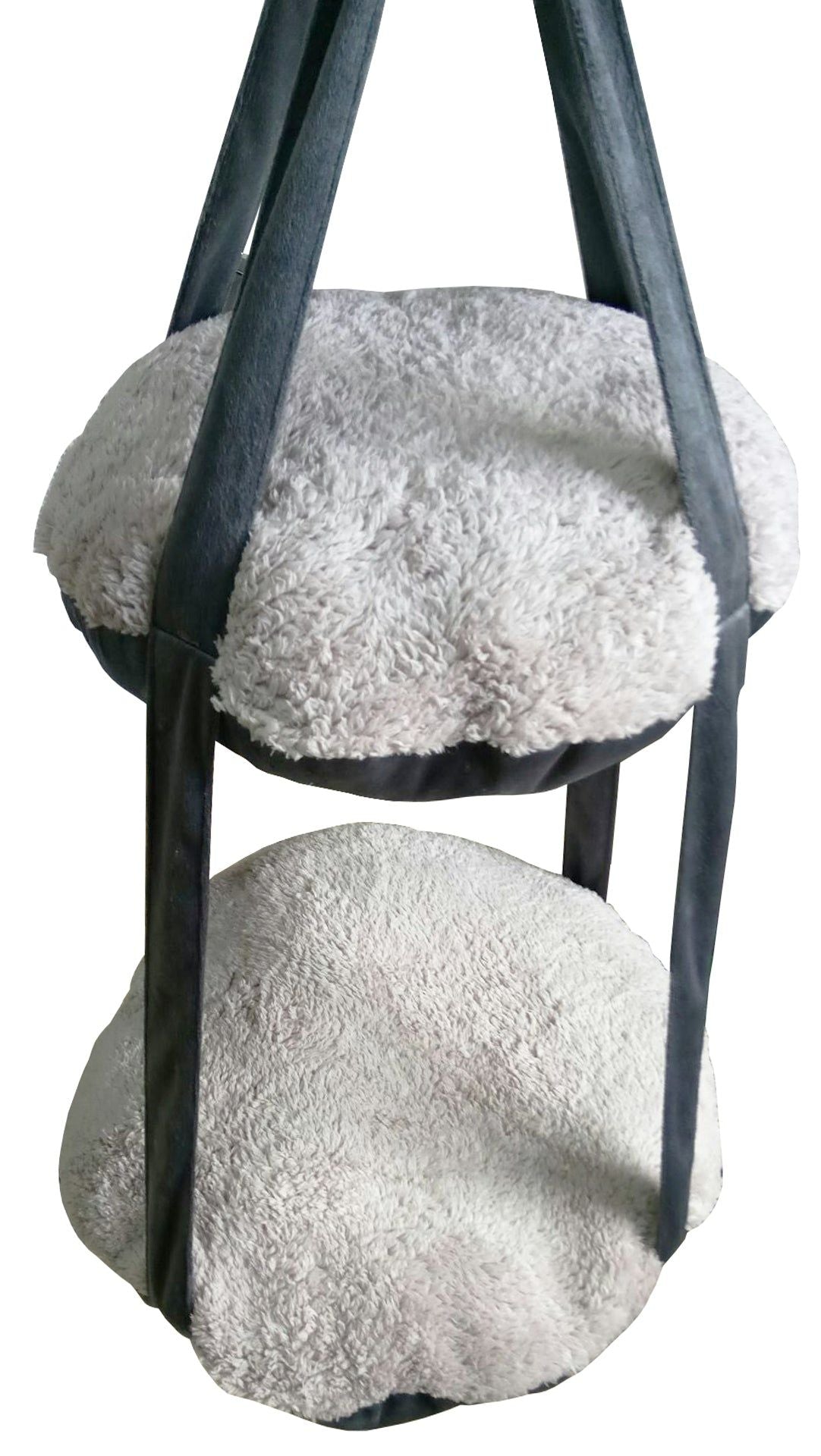 PawCounter.com dual-lounger cat hammock with two soft plush round beds suspended by black straps