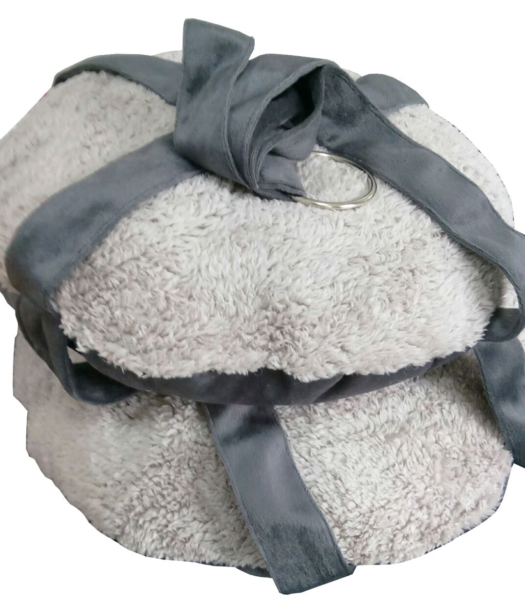 Folded dual-lounger cat hammock with soft plush cushions and gray straps with metal ring