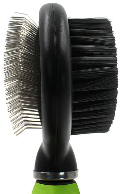 Dual-sided pet grooming brush with metal pins on one side and soft bristles on the other for effective pet care