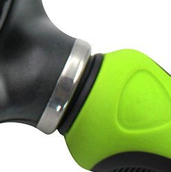 Close-up view of green handle and metal head of dual-sided pet rake and deshedder from PawCounter.com
