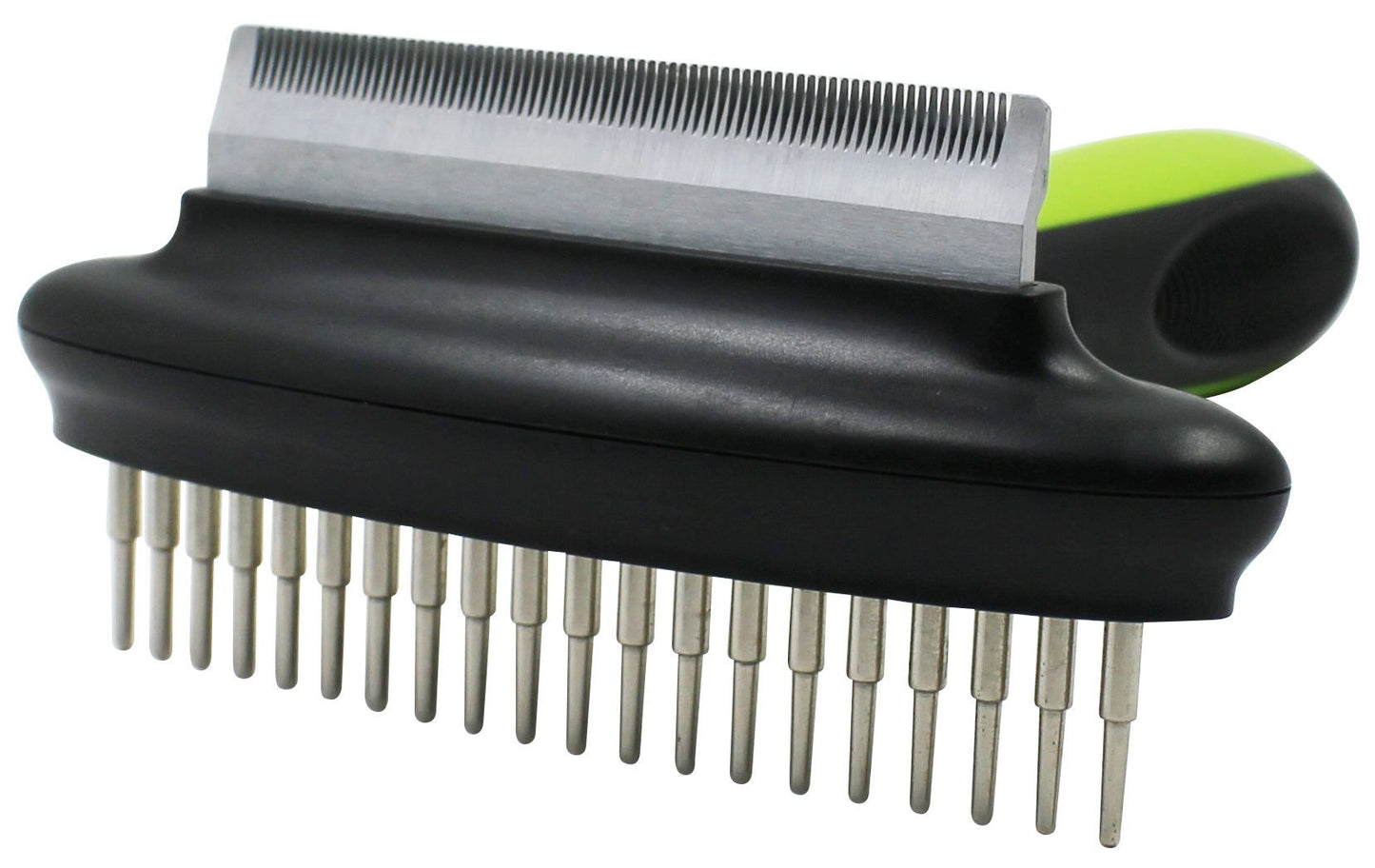 Dual-sided pet rake and deshedder with metal teeth and ergonomic handle for grooming pets