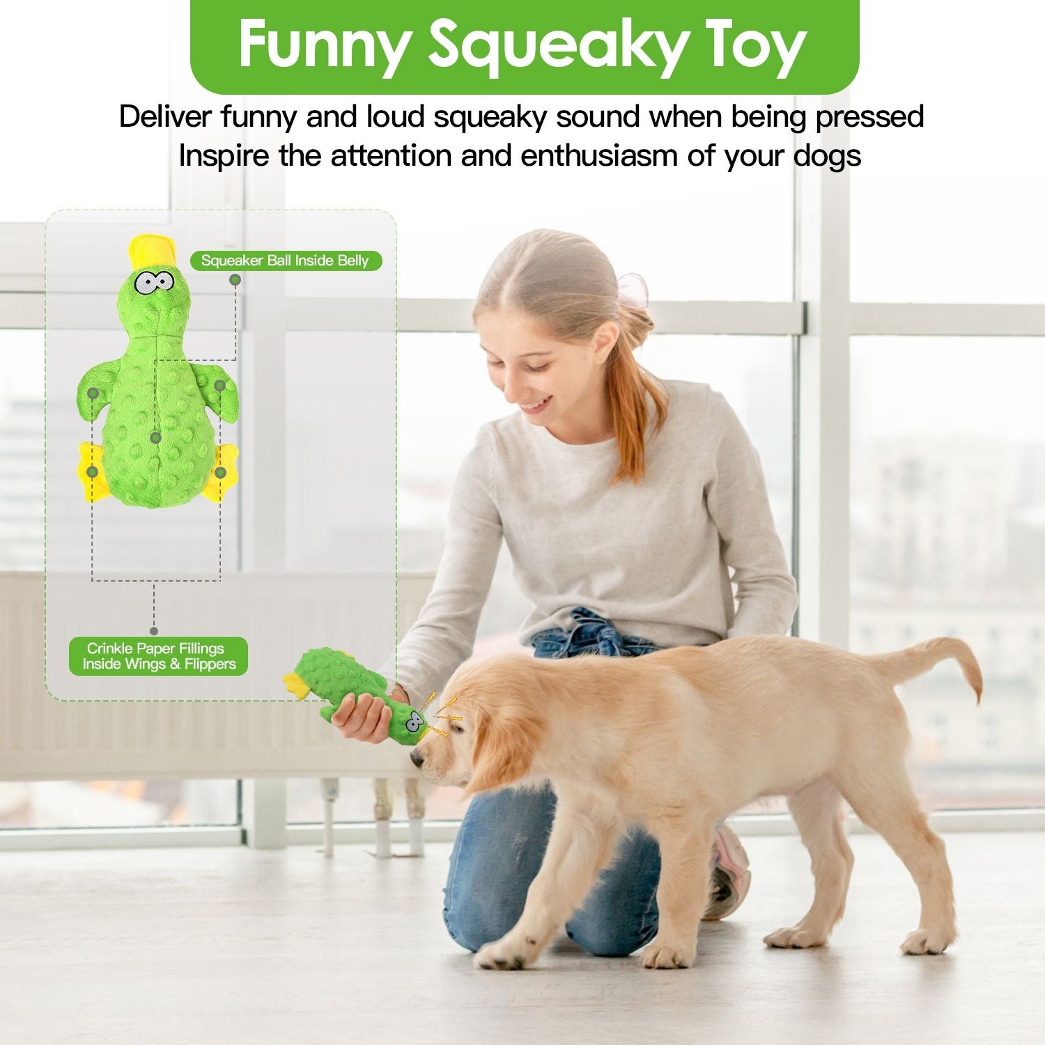 Woman playing with a golden retriever puppy and a green duck shaped dog toy with squeaky sound