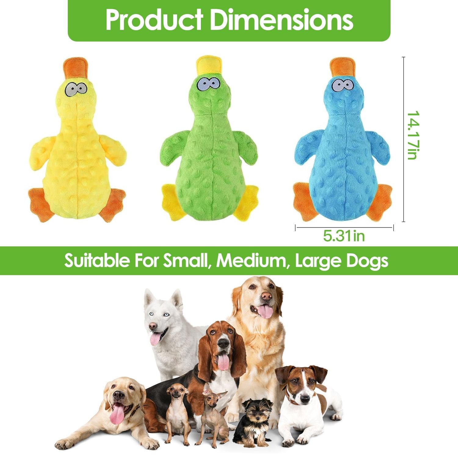 Duck shaped dog toy in yellow green and blue with dimensions suitable for small medium large dogs