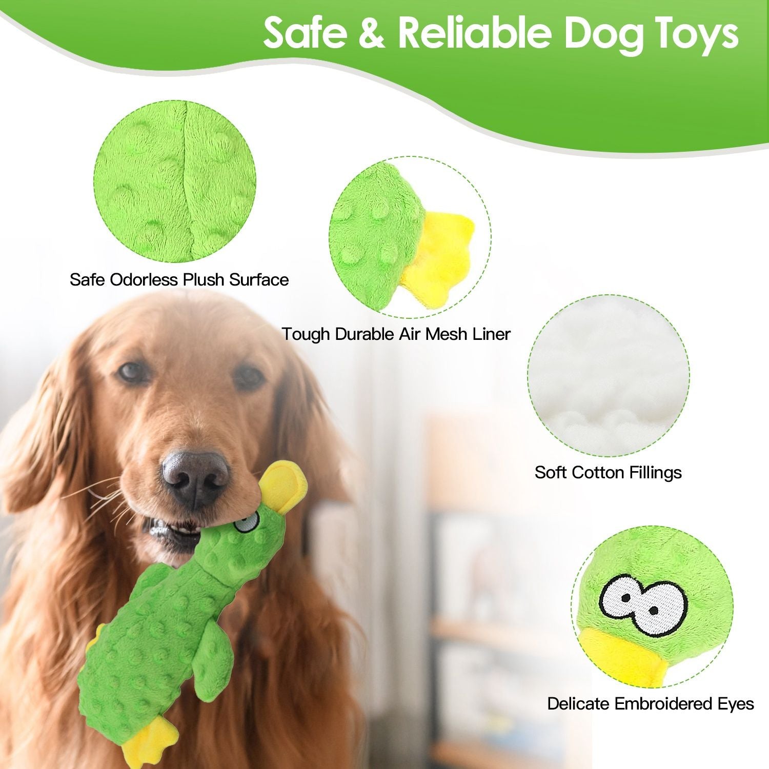 Golden retriever holding a green duck shaped dog toy with plush surface and embroidered eyes
