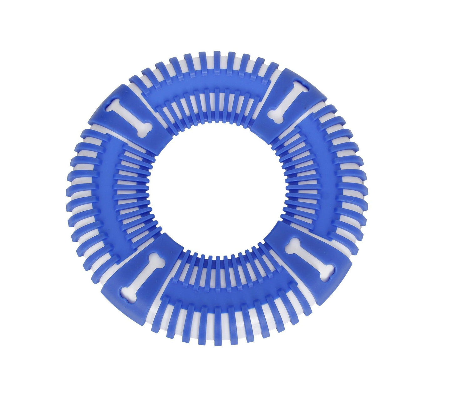 Blue durable dog frisbee toy with white bone patterns and textured grip for active pets