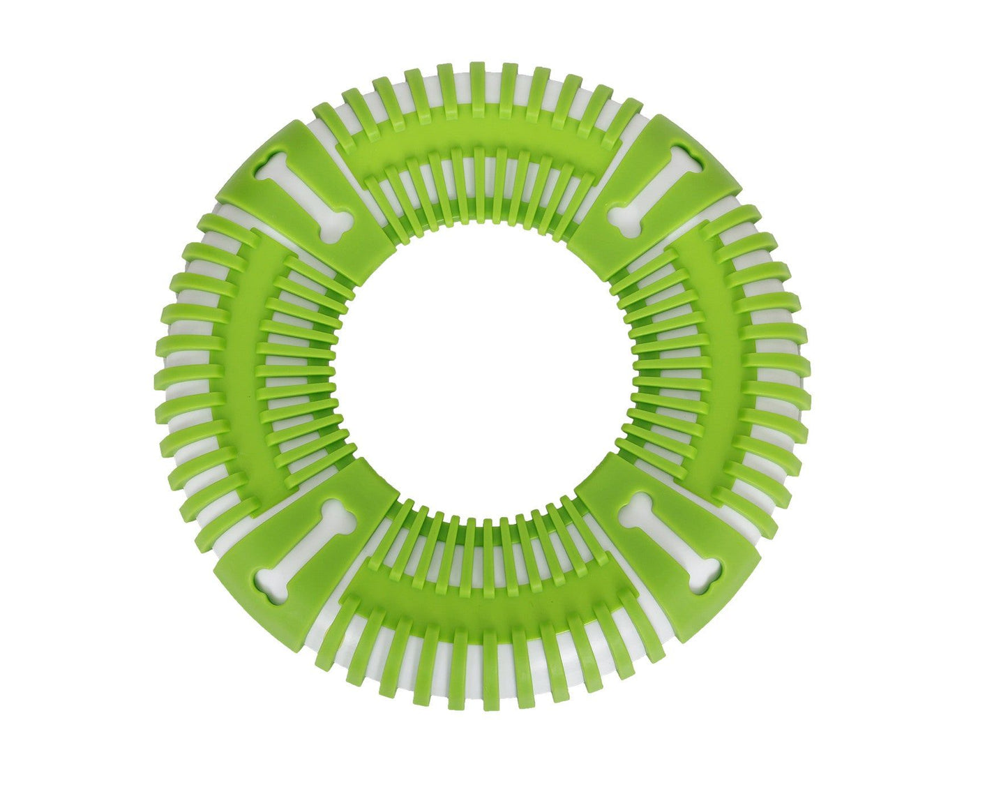 Green durable dog frisbee toy with bone patterns designed for strong chewing and outdoor play