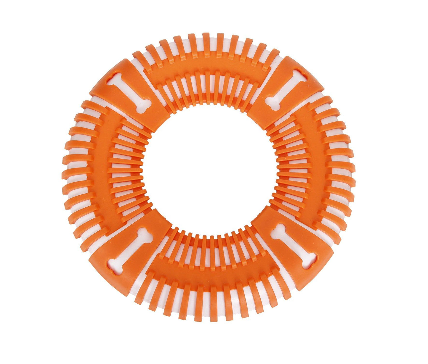 Orange durable dog frisbee toy with bone patterns and textured grip for active dogs