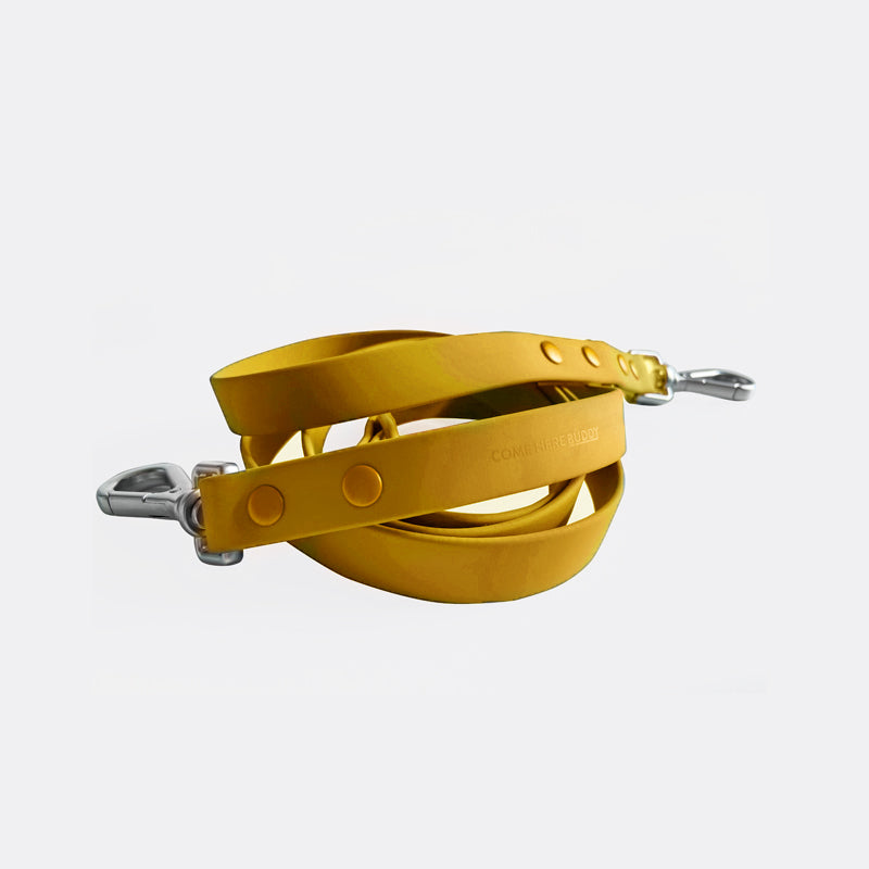 Come Here Buddy durable dog leash in yellow with sturdy metal clips for outdoor walks