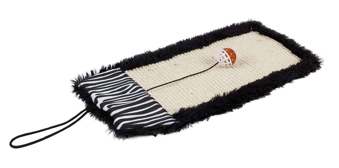 Eco-friendly cat scratcher with zebra pattern edge and attached hanging ball toy for cats
