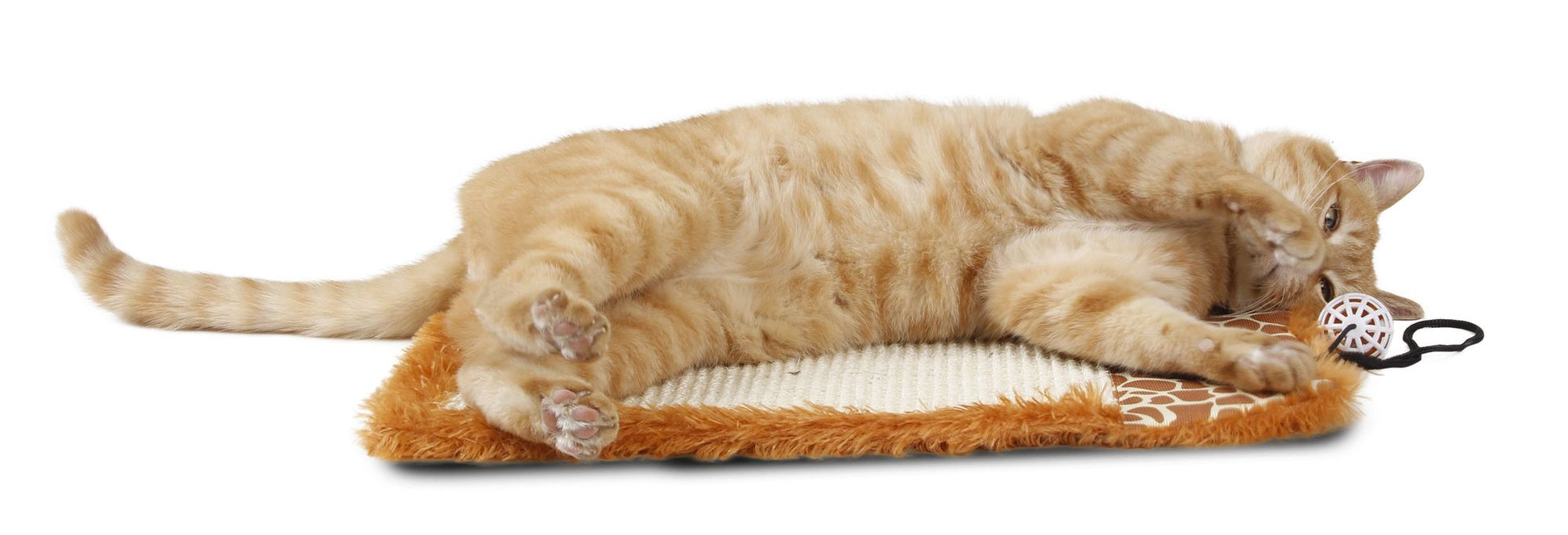 Orange tabby cat playing with a toy on an eco-friendly cat scratcher mat from PawCounter.com