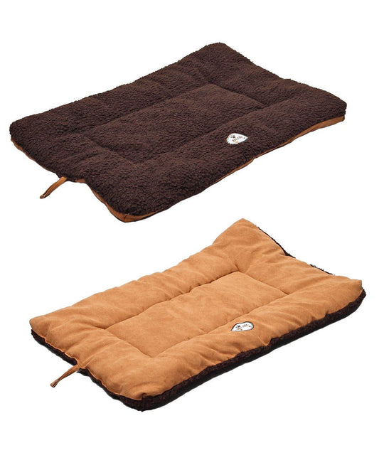 Brown and tan reversible eco-friendly pet bed mat with soft cushioned surface by PawCounter.com