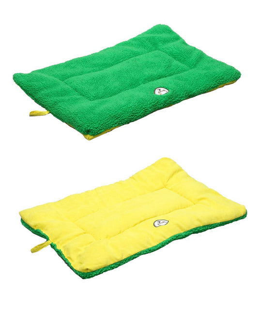 Green and yellow reversible eco-friendly pet bed mat from PawCounter.com with soft plush texture