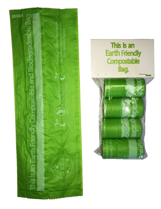 Eco-friendly pet waste bags in green rolls with earth friendly compostable labeling
