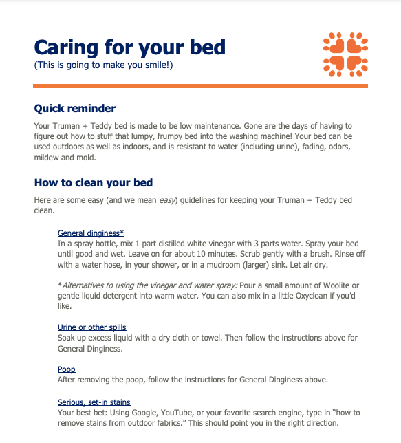 Caring guide for elevated dog bed for rescues with cleaning tips and general maintenance instructions