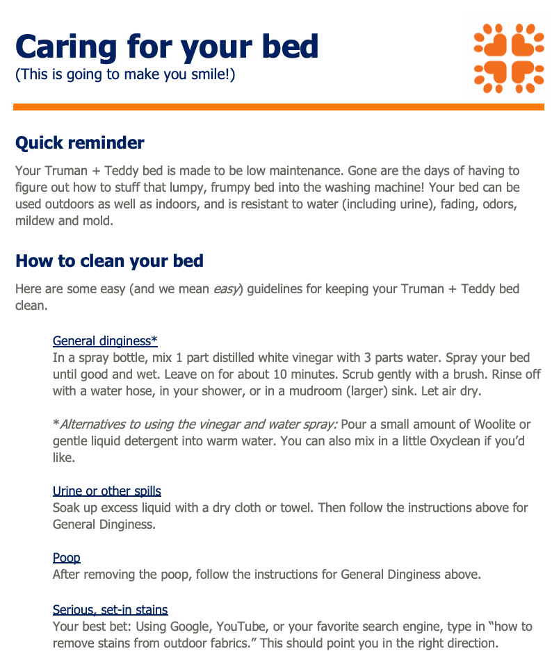 Cleaning instructions for The Family Pet elevated pet bed with tips for general dinginess, spills, and stains