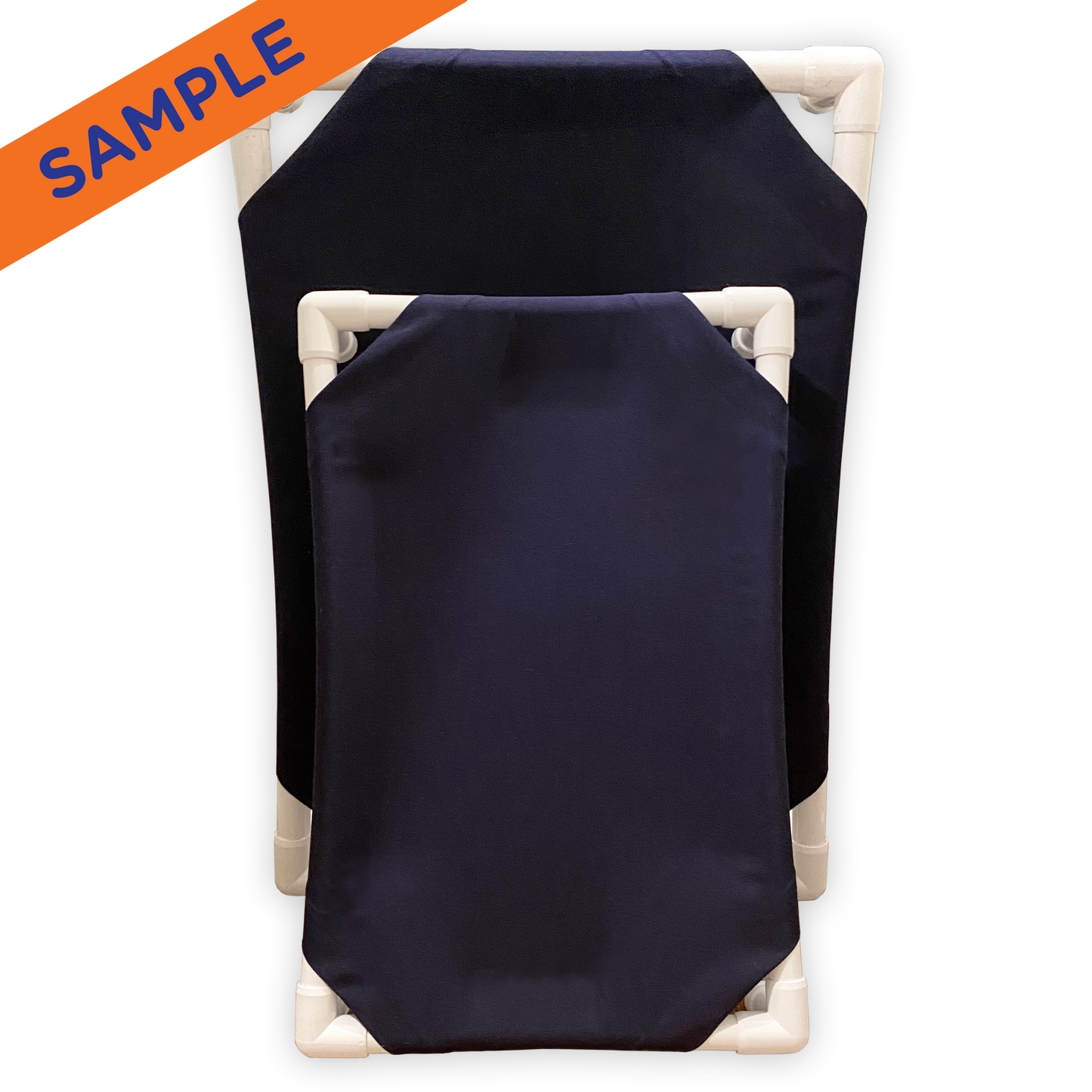 The Family Pet elevated pet bed with durable white frame and navy blue fabric for pets