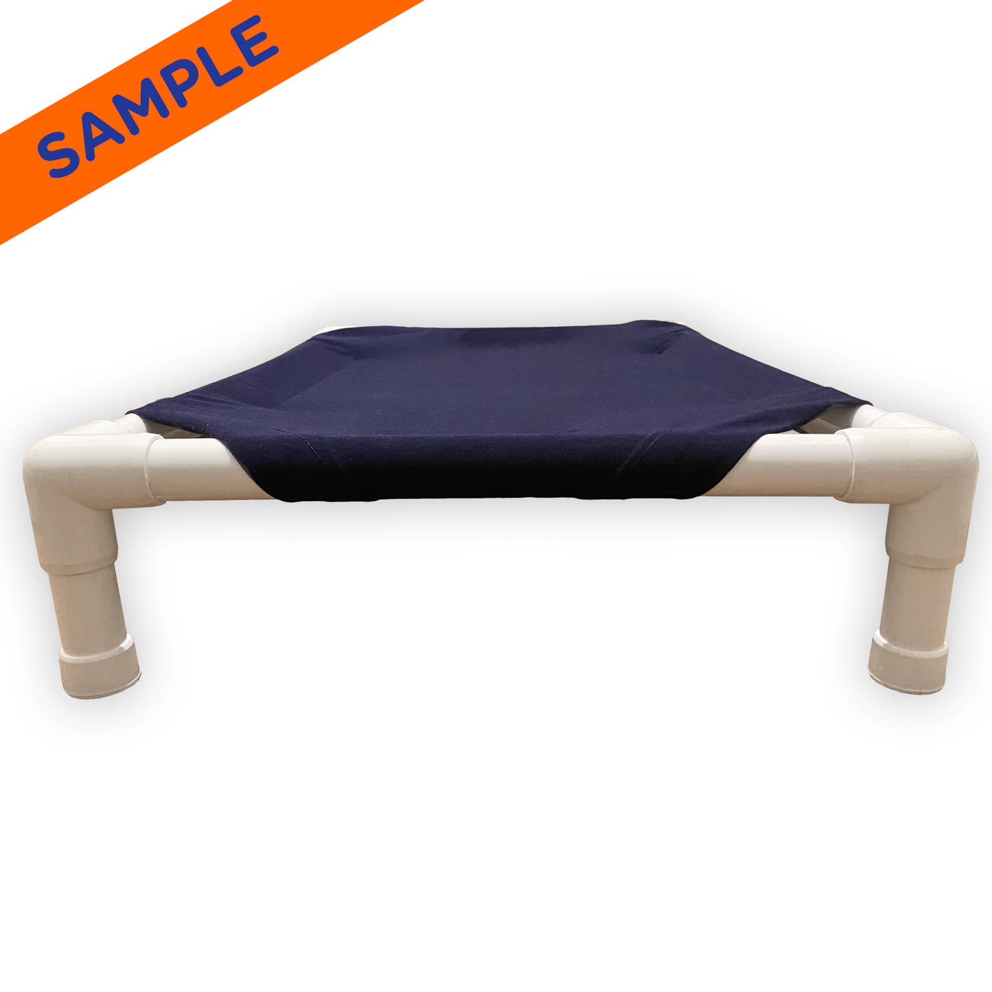 The Family Pet elevated pet bed with sturdy white frame and navy blue fabric platform
