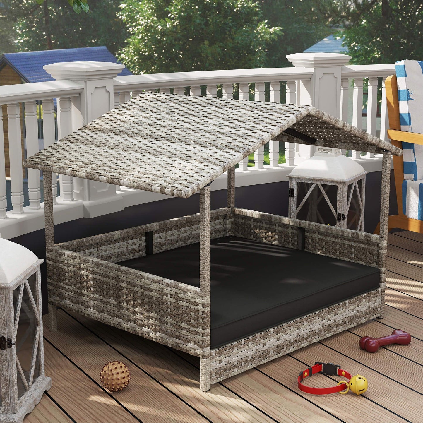 Elevated wicker dog house with canopy roof and cushioned bed placed on outdoor wooden deck