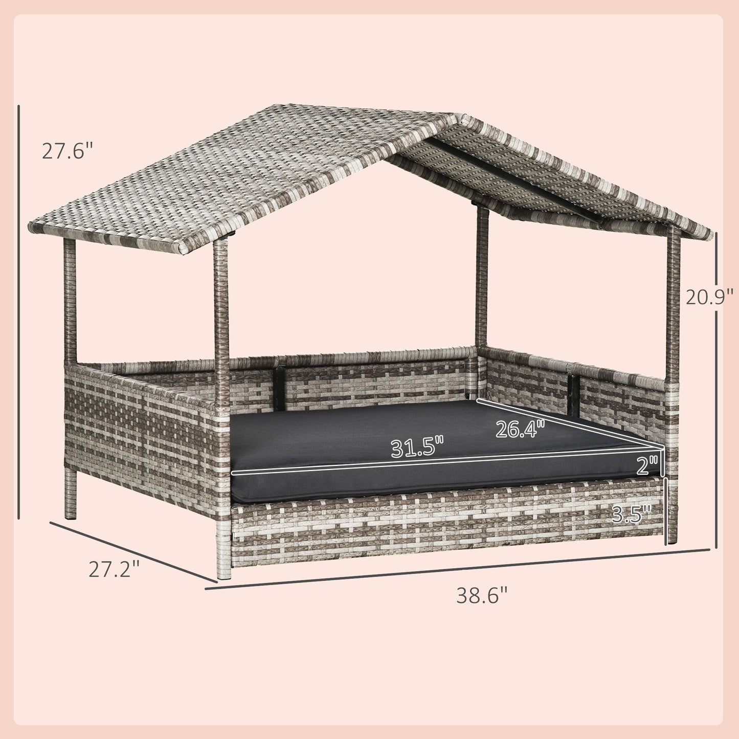 Elevated wicker dog house by PawCounter.com with canopy roof and cushioned bed for pet comfort